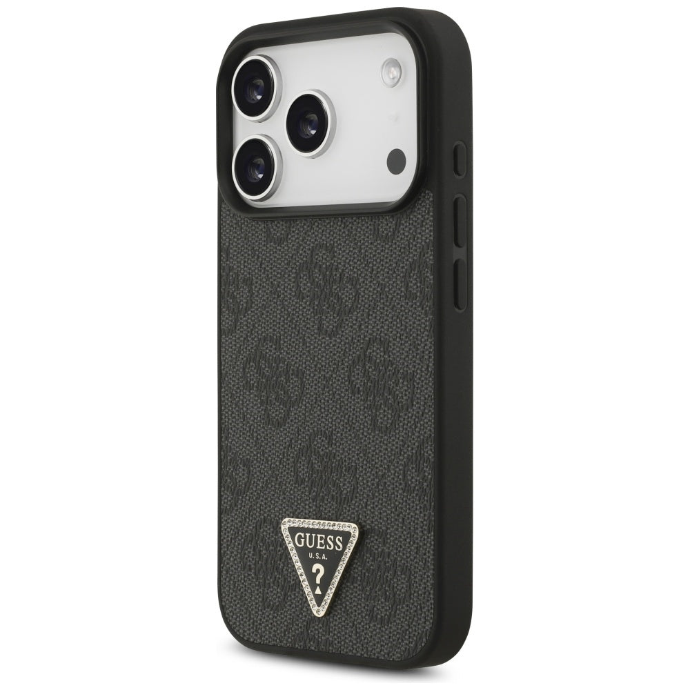 Guess iPhone 17 Pro - 4G Triangle Strass MagSafe - Σκληρή Θήκη με Επένδυση Συνθετικού Δέρματος - Black - GUHMP17LP4TDPLK