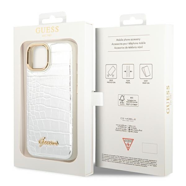 Guess iPhone 14 Plus Croco Collection Θήκη με Επένδυση Συνθετικού Δέρματος - Silver - GUHCP14MHGCRHS
