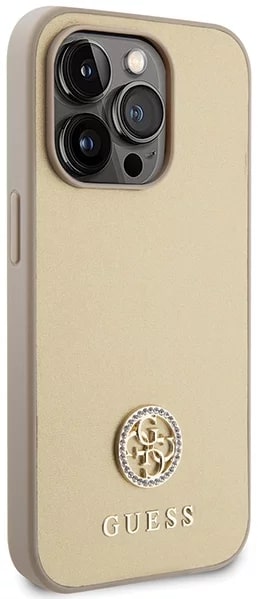 Guess iPhone 15 Pro 4G Strass Metal Logo Θήκη με Επένδυση Συνθετικού Δέρματος - Gold - GUHCP15LPS4DGPD