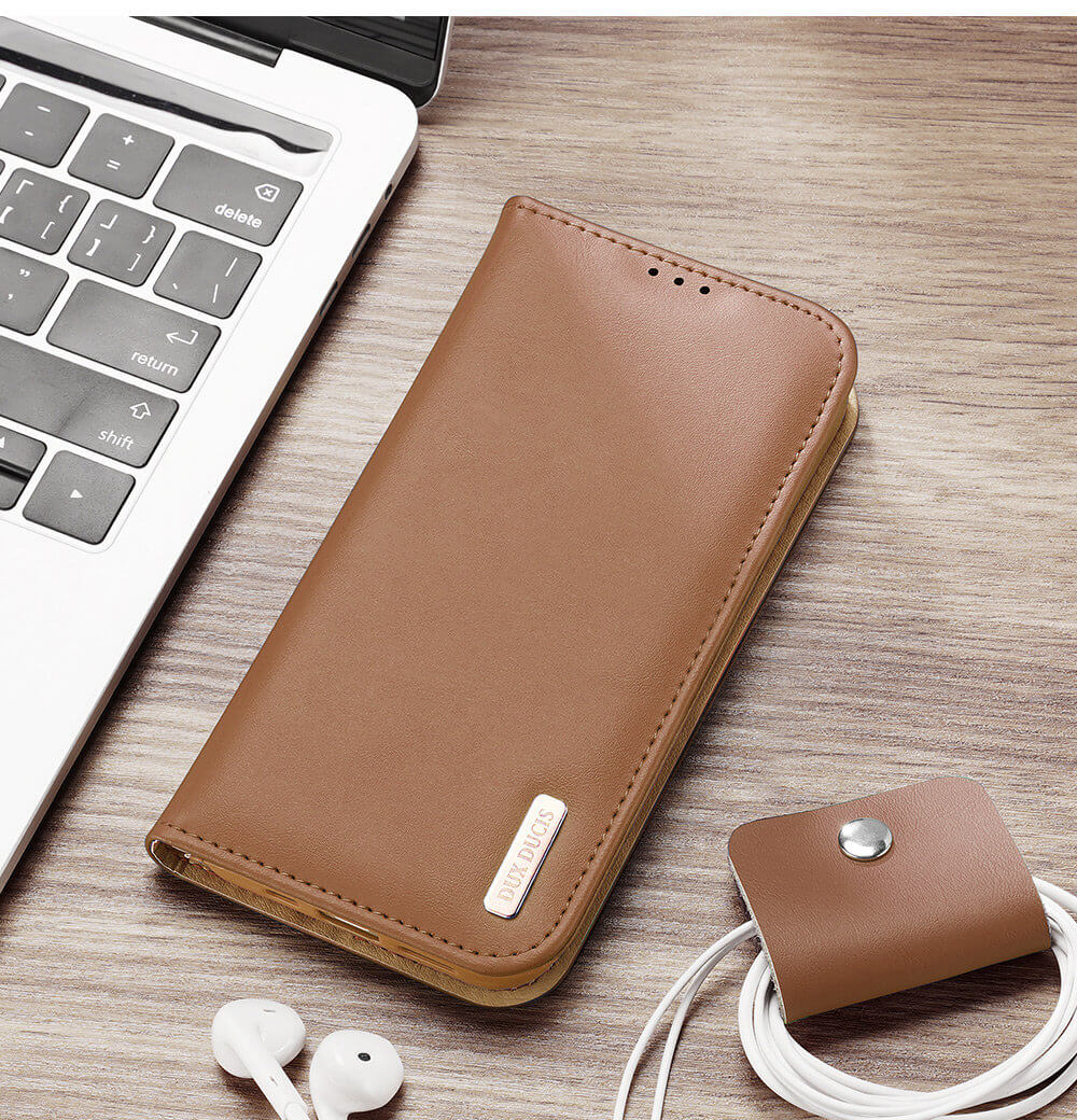 Dux Ducis iPhone 15 Pro Max Hivo Θήκη Πορτοφόλι Stand από Γνήσιο Δέρμα - Brown
