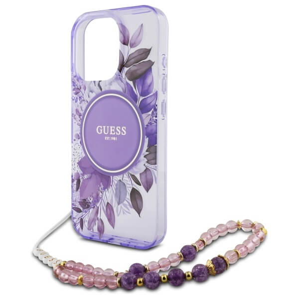 Guess iPhone 16 Pro - IML Flowers With Pearl Strap MagSafe - Σκληρή Θήκη με Πλαίσιο Σιλικόνης και Λουράκι - Purple - GUHMP16LHFWBRCESU