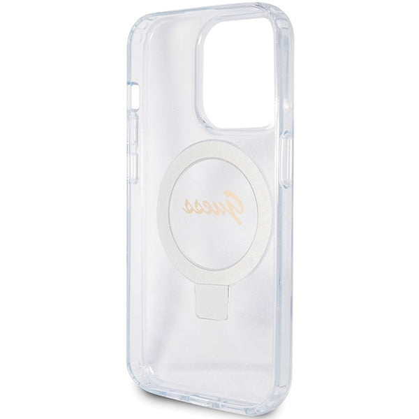 Guess iPhone 15 Pro Max Ring Stand Script Glitter Magsafe Σκληρή Θήκη με Πλαίσιο Σιλικόνης και MagSafe / Stand - Clear - GUHMP15XHRSGSD