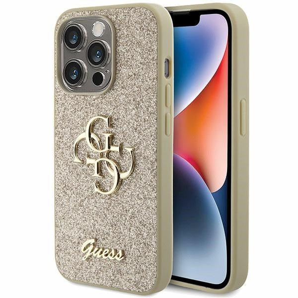 Guess iPhone 15 Pro Glitter Script Big 4G Σκληρή Θήκη με Πλαίσιο Σιλικόνης - Gold - GUHCP15LHG4SGD