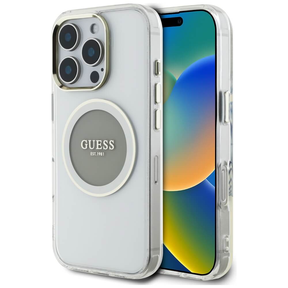 Guess iPhone 16 Pro IML Metal Colored Circle Classic Logo MagSafe Σκληρή Θήκη με Πλαίσιο Σιλικόνης και MagSafe - Grey - GUHMP16LHTDRCEDG