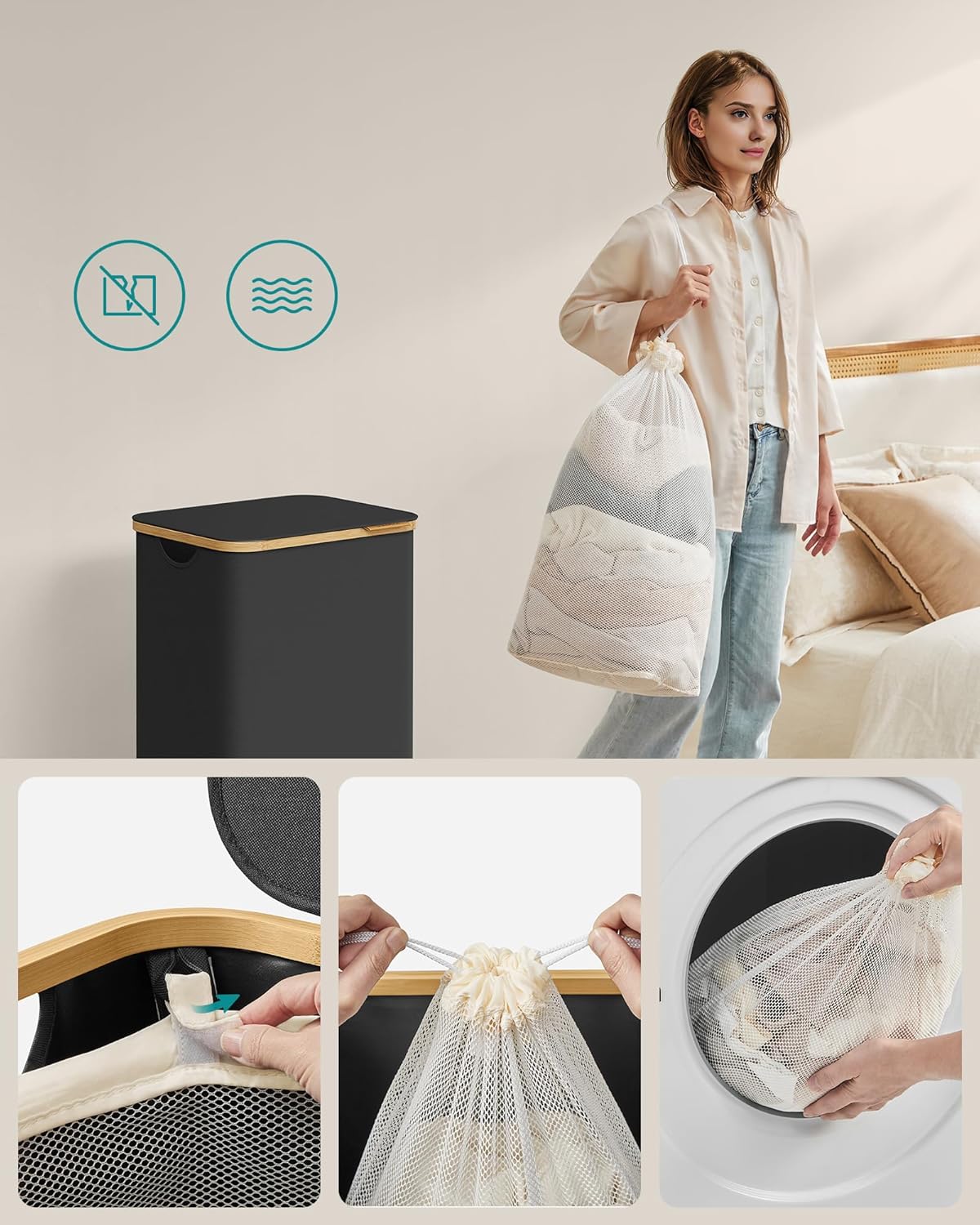 Songmics Καλάθι Απλύτων με Καπάκι και Αποσπώμενο Εσωτερικό Σάκο - 90L - Ink Black - LCB509B01