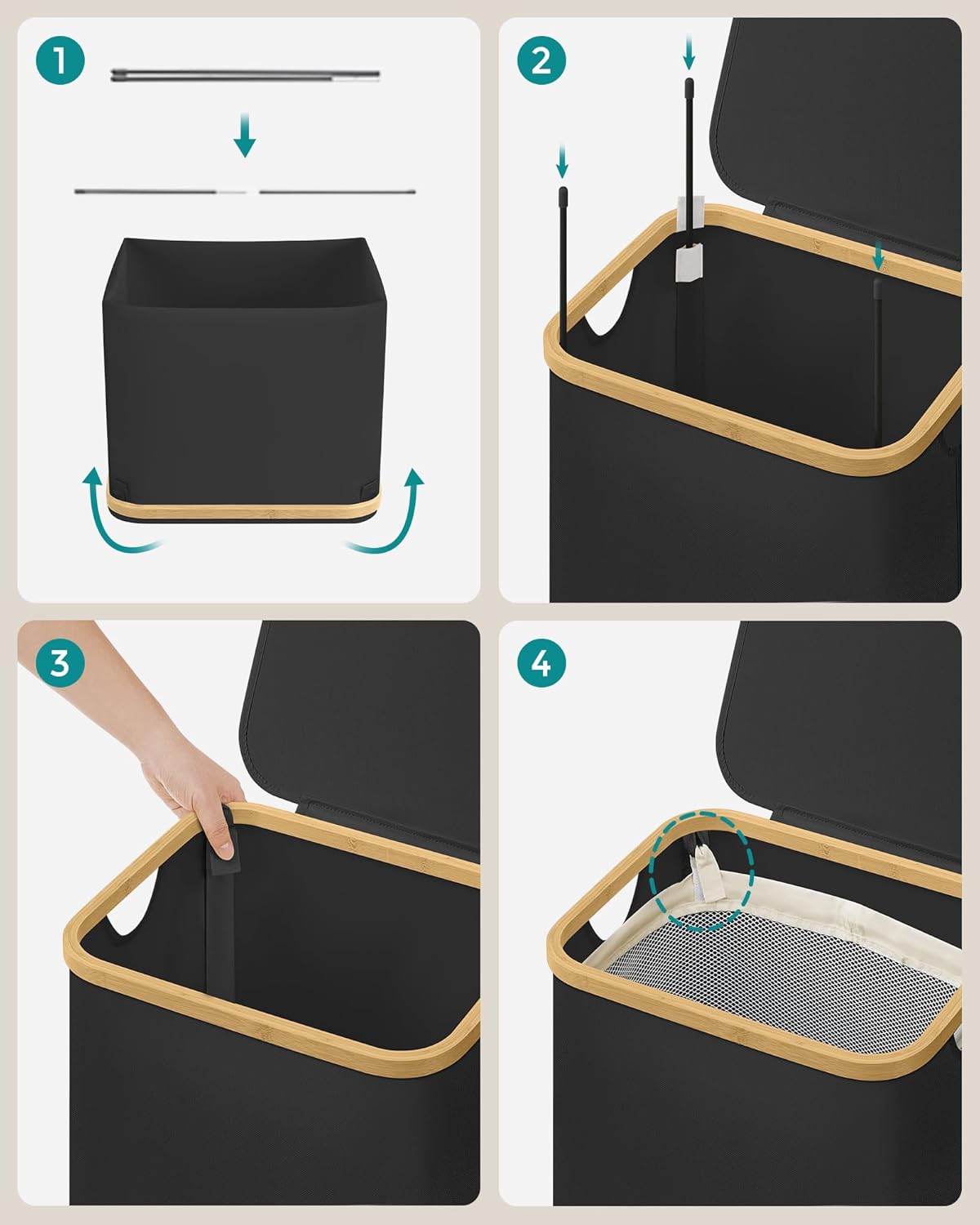 Songmics Καλάθι Απλύτων με Καπάκι και Αποσπώμενο Εσωτερικό Σάκο - 90L - Ink Black - LCB509B01