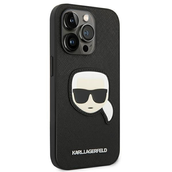 Karl Lagerfeld iPhone 14 Pro Max - Saffiano Karl's Head Patch Σκληρή Θήκη με Επένδυση Συνθετικού Δέρματος και Πλαίσιο Σιλικόνης - Black - KLHCP14XSAPKHK