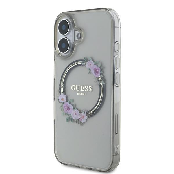 Guess iPhone 16 - IML Flowers Wreath - MagSafe Σκληρή Θήκη με Πλαίσιο Σιλικόνης - Black - GUHMP16SHFWFCK
