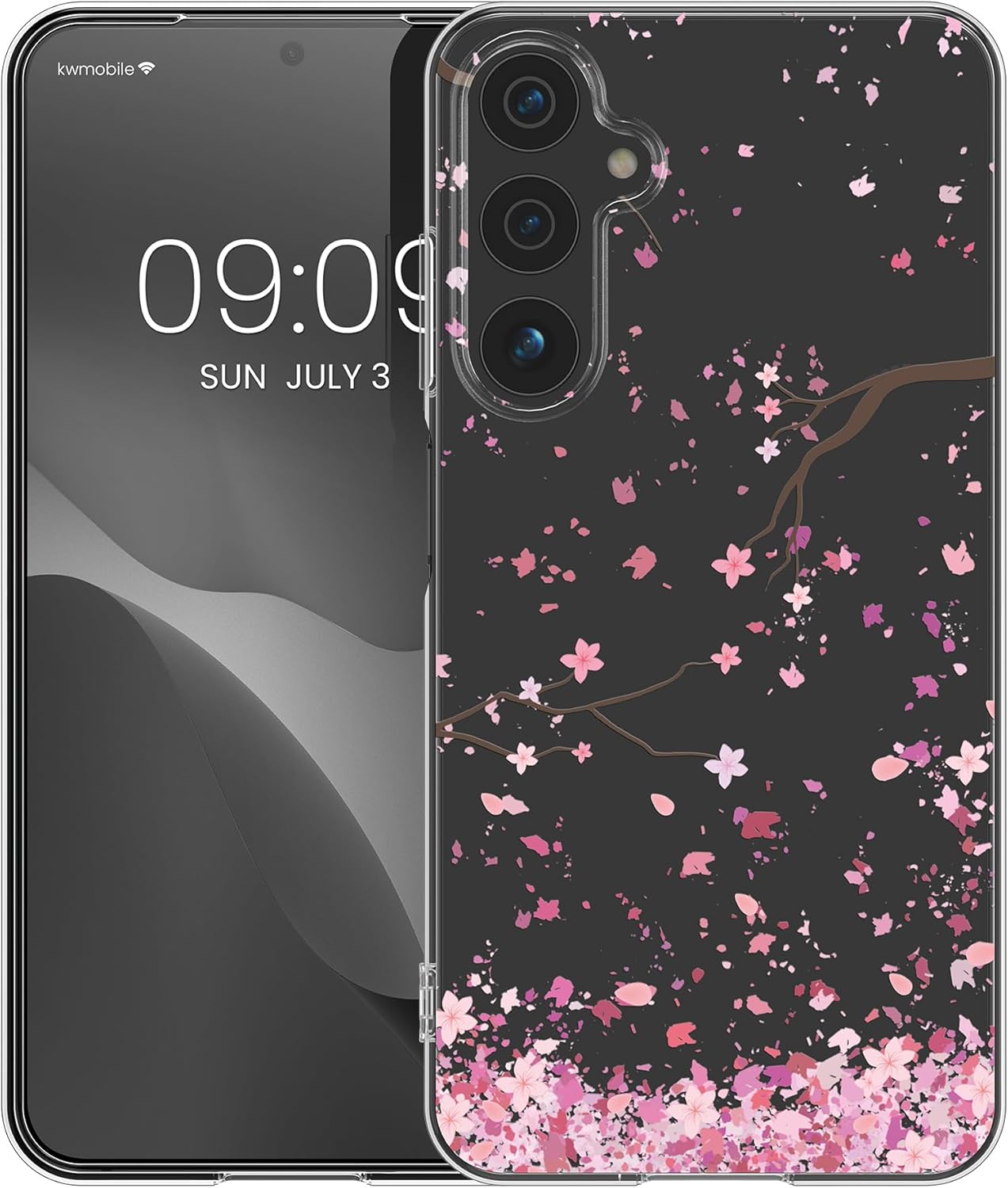 KW Samsung Galaxy A15 4G / A15 5G Λεπτή Θήκη Σιλικόνης TPU - Design Cherry Blossom Petals - Pink / Dark Brown / Διάφανη