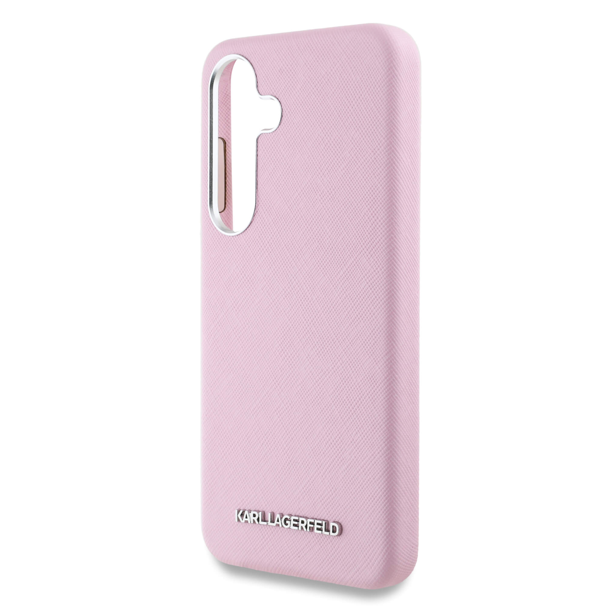 Karl Lagerfeld Samsung Galaxy S25 - Saffiano Full Wrapped Elongated Metal Logo - MagSafe Σκληρή Θήκη με Επένδυση Συνθετικού Δέρματος και Πλαίσιο Σιλικόνης - Pink - KLHMS25SPSAFWMCP