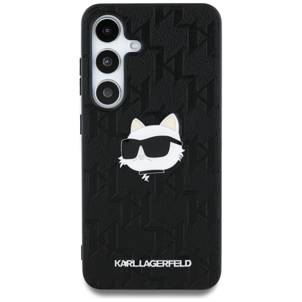 Karl Lagerfeld Samsung Galaxy S25 - Monogram Choupette Head Pin - Σκληρή Θήκη με Επένδυση Συνθετικού Δέρματος - Black - KLHCS25SPGKLCHPK