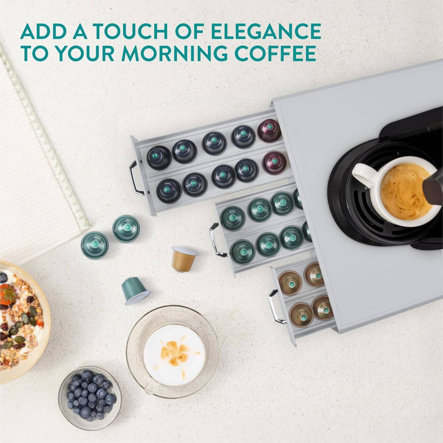 Navaris Capsule Holder - Κουτί Αποθήκευσης με 3 Συρτάρια για Κάψουλες Nespresso / Βάση για Καφετιέρα - Grey