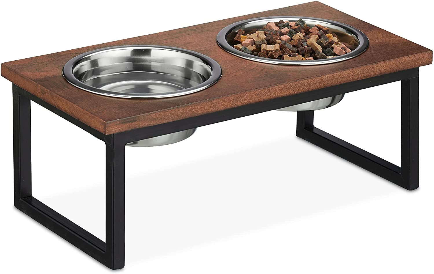 Relaxdays Ξύλινη Βάση από Μάνγκο με 2 Μπολ από Ανοξείδωτο Ατσάλι για Κατοικίδια - 1000 ml - Natural / Black - 4052025373832
