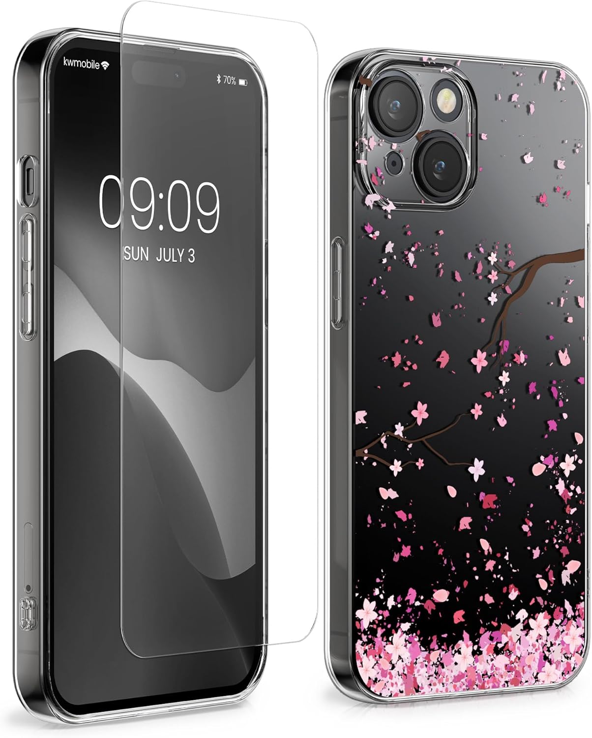 KW iPhone 15 Θήκη Σιλικόνης TPU με Αντιχαρακτικό Γυαλί - Design Cherry Blossom Petals - Pink / Dark Brown / Διάφανη
