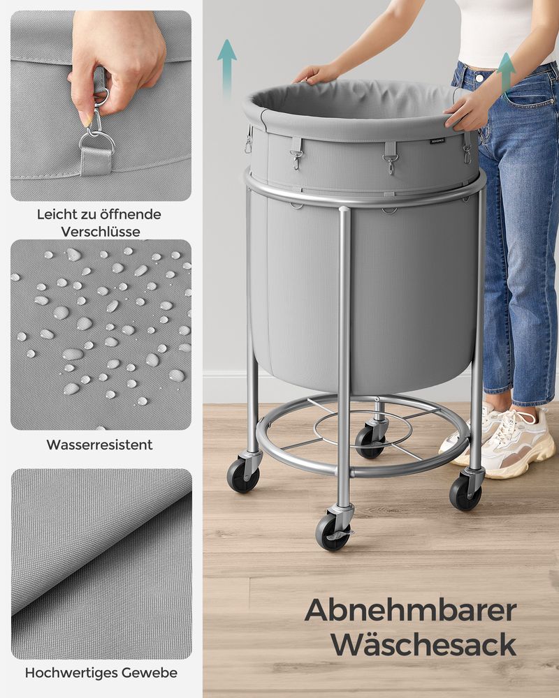 Songmics Τροχήλατο Καλάθι Απλύτων με Ατσάλινο Σκελετό και Αποσπώμενη Θήκη Ρούχων - 110L - Grey / Silver - RLS002G01