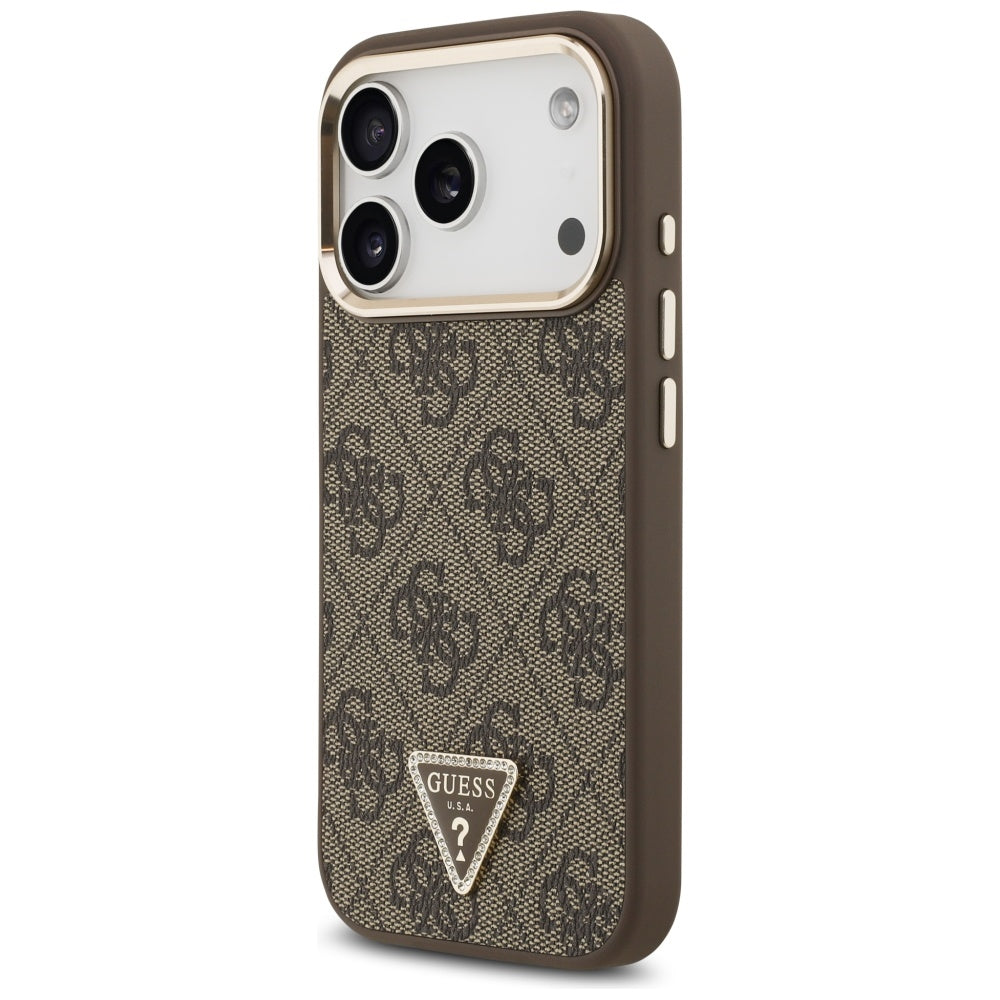 Guess iPhone 17 Pro - 4G Triangle Strass Logo MagSafe - Σκληρή Θήκη με Επένδυση Συνθετικού Δέρματος - Brown / Gold - GUHMP17LP4GTDGMW