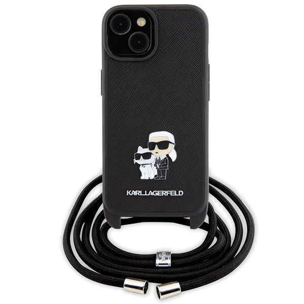 Karl Lagerfeld iPhone 15 - Crossbody Saffiano Metal Pin Karl Choupette Σκληρή Θήκη με Επένδυση Συνθετικού Δέρματος και Λουράκι - Black - KLHCP15SSAKCPSK