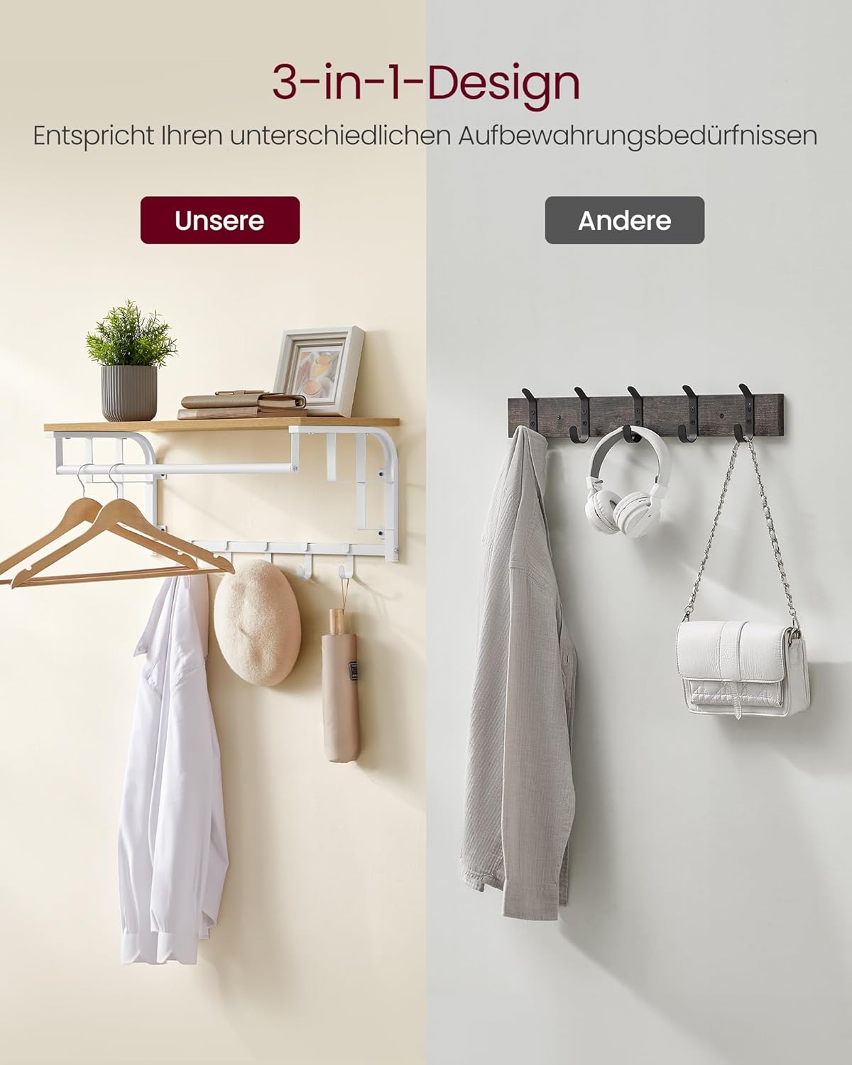 Vasagle Επιτοίχια Κρεμάστρα με Ράβδο και με 5 Αφαιρούμενους Γάντζους - 66 x 30 x 27 cm - Gold Oak / Cloud White - LCR012N01