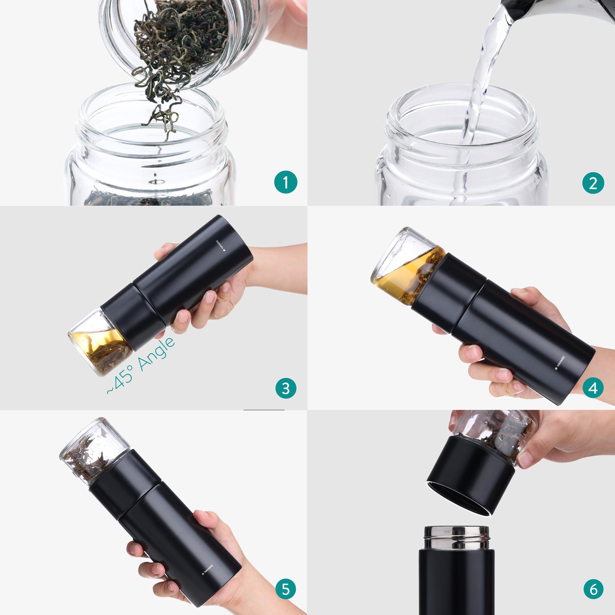 Navaris Glass Tea Bottle Γυάλινο Μπουκάλι Τσαγιού - 300ml - Black / Clear - 50094.03