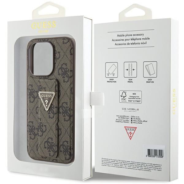 Guess iPhone 15 Pro Grip Stand 4G Triangle Strass Logo Θήκη με Επένδυση Συνθετικού Δέρματος και Stand - Brown - GUHCP15LPGS4TDW