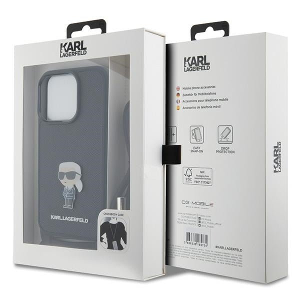 Karl Lagerfeld iPhone 15 Pro - Crossbody Saffiano Monogram Metal Pin Karl Choupette Σκληρή Θήκη με Επένδυση Συνθετικού Δέρματος και Λουράκι - Black - KLHCP15LSASKNPSK