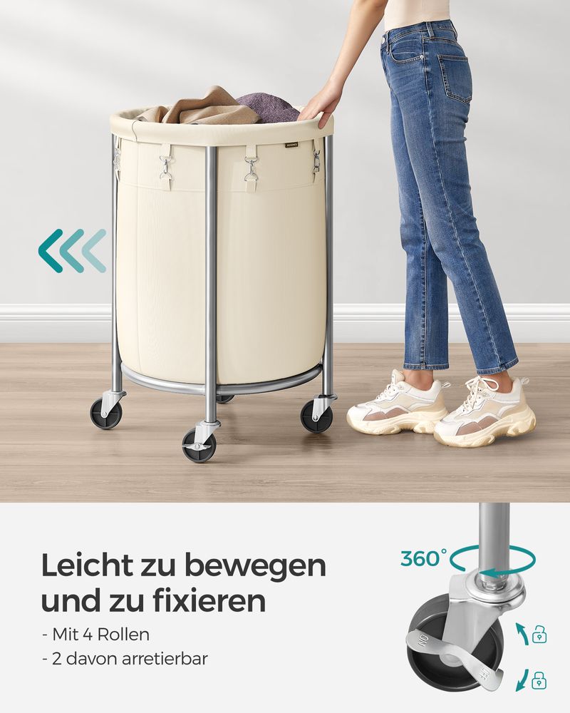 Songmics Τροχήλατο Καλάθι Απλύτων με Ατσάλινο Σκελετό και Αποσπώμενη Θήκη Ρούχων - 110L - Cream White / Silver - RLS002W01