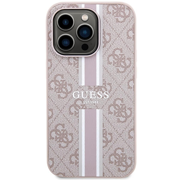 Guess iPhone 15 Pro - 4G Printed Stripes MagSafe Θήκη με Επένδυση Συνθετικού Δέρματος - Pink - GUHMP15LP4RPSP
