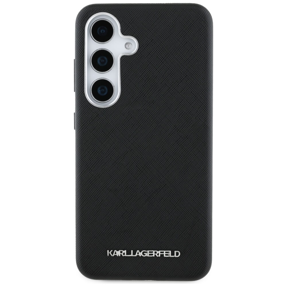 Karl Lagerfeld Samsung Galaxy S25 Plus - Saffiano Full Wrapped Elongated Metal Logo - MagSafe Σκληρή Θήκη με Επένδυση Συνθετικού Δέρματος και Πλαίσιο Σιλικόνης - Black - KLHMS25MPSAFWMCK