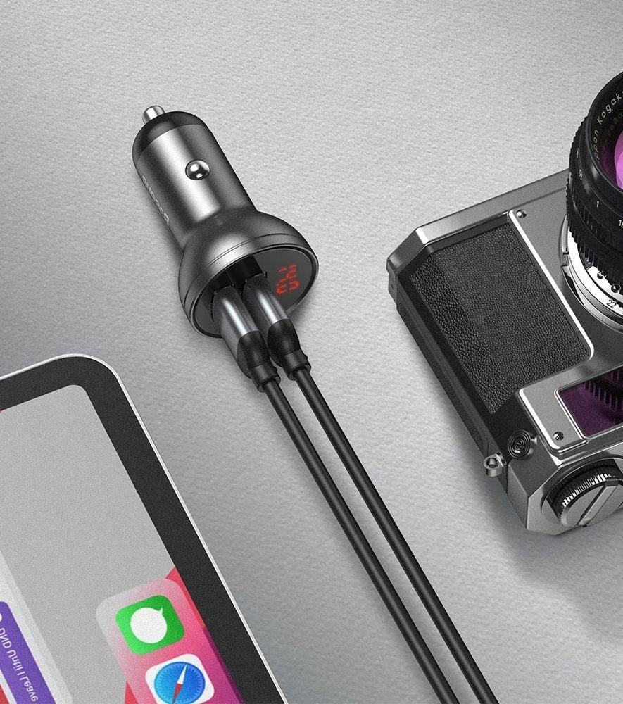 Baseus Digital Display Φορτιστής Αυτοκινήτου 4.8A με Δύο Θύρες USB και Καλώδιο Lightning / Type-C / Micro USB - Black - TZCCBX-0G