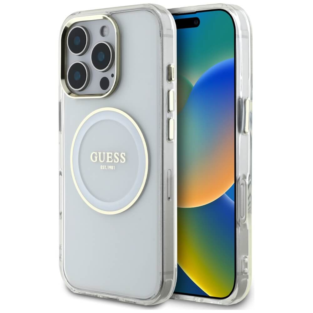 Guess iPhone 16 Pro IML Metal Colored Circle Classic Logo MagSafe Σκληρή Θήκη με Πλαίσιο Σιλικόνης και MagSafe - White - GUHMP16LHTDRCEDH