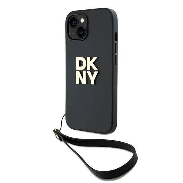 DKNY iPhone 15 Plus - Wrist Strap Stock Logo - Σκληρή Θήκη με Επένδυση Συνθετικού Δέρματος με Λουράκι - Black