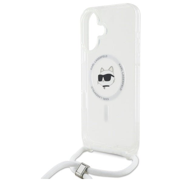 Karl Lagerfeld iPhone 16 - IML Choupette Head and Cord - MagSafe Σκληρή Θήκη με Πλαίσιο Σιλικόνης και Λουράκι - Διάφανη - KLHMP16SHCCHNT