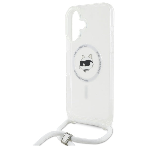 Karl Lagerfeld iPhone 16 - IML Choupette Head and Cord - MagSafe Σκληρή Θήκη με Πλαίσιο Σιλικόνης και Λουράκι - Διάφανη - KLHMP16SHCCHNT