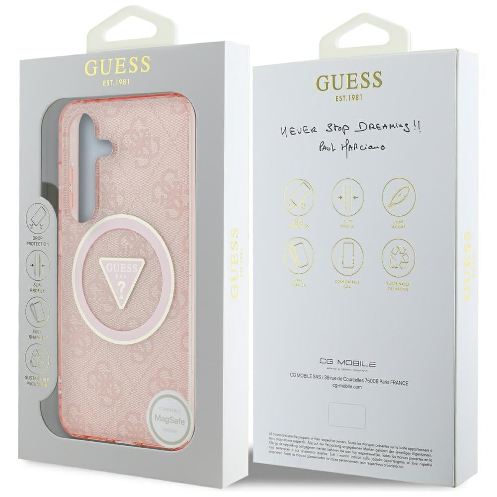 Guess Samsung Galaxy S25 - 4G Glitter Triangle Buttons - MagSafe Σκληρή Θήκη με Πλαίσιο Σιλικόνης - Pink - GUHMS25SHG4PRTGP