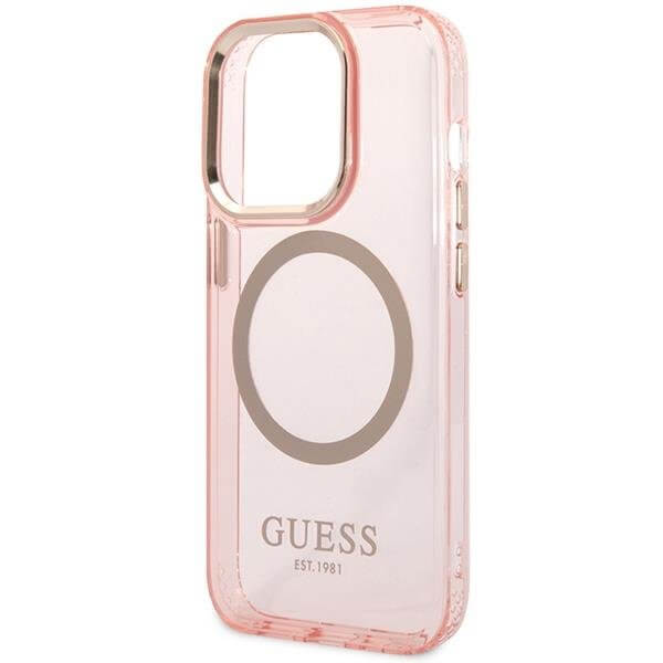 Guess iPhone 14 Pro Max Gold Outline Translucent MagSafe Σκληρή Θήκη με Πλαίσιο Σιλικόνης και MagSafe - Pink - GUHMP14XHTCMP