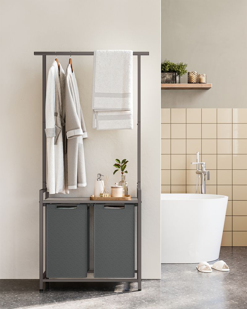 Vasagle Καλάθι Απλύτων 2 Διαμερισμάτων με Ράφι και Ράγα Ρούχων - 73 x 33 x 177 cm - Greige Mottled / Slate Grey - BLH241G01