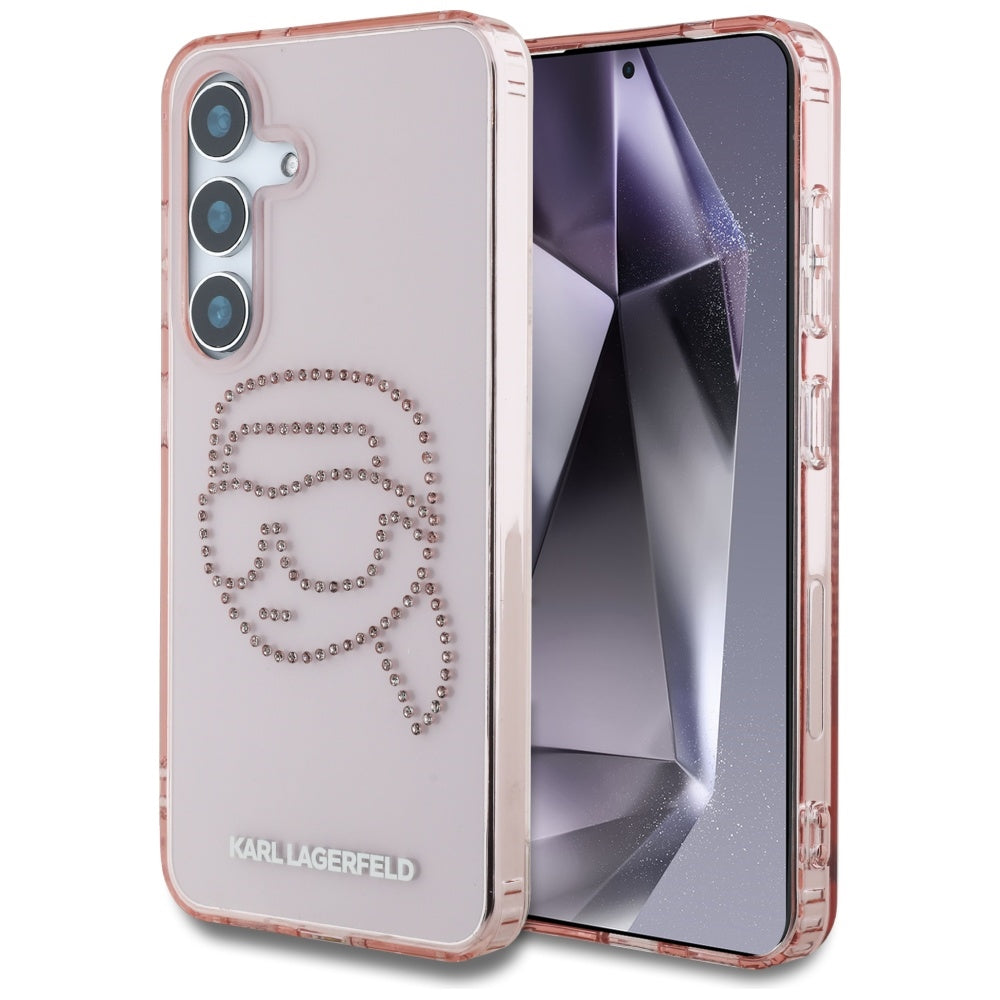 Karl Lagerfeld Samsung Galaxy S25 - Rhinestones Karl Head Logo - Σκληρή Θήκη με Πλαίσιο Σιλικόνης - Pink - KLHCS25SHKHDCELP