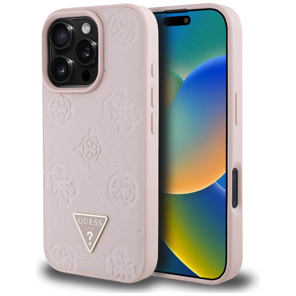 Guess iPhone 16 Pro Max - Grained Hot Stamp Peony Triangle Logo - MagSafe Σκληρή Θήκη με Επένδυση Συνθετικού Δέρματος - Pink - GUHMP16XPGBTMP
