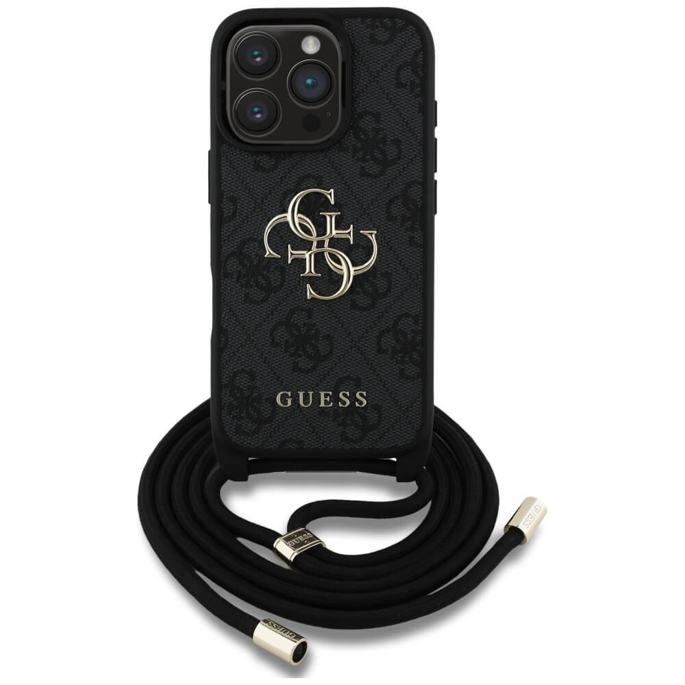 Guess iPhone 16 Pro Max - 4G Big Logo Cord Stap Crossbody - Θήκη με Επένδυση Συνθετικού Δέρματος και Λουράκι - Black - GUHCP16XP4GMGCRK