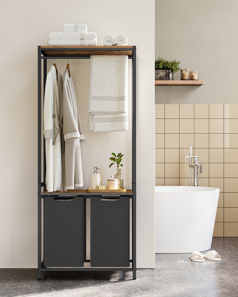 Vasagle Καλάθι Απλύτων 2 Διαμερισμάτων με 2 Ράφια και Ράγα Ρούχων - 73 x 33 x 177 cm - Vintage Brown / Classic Black - BLH231B02