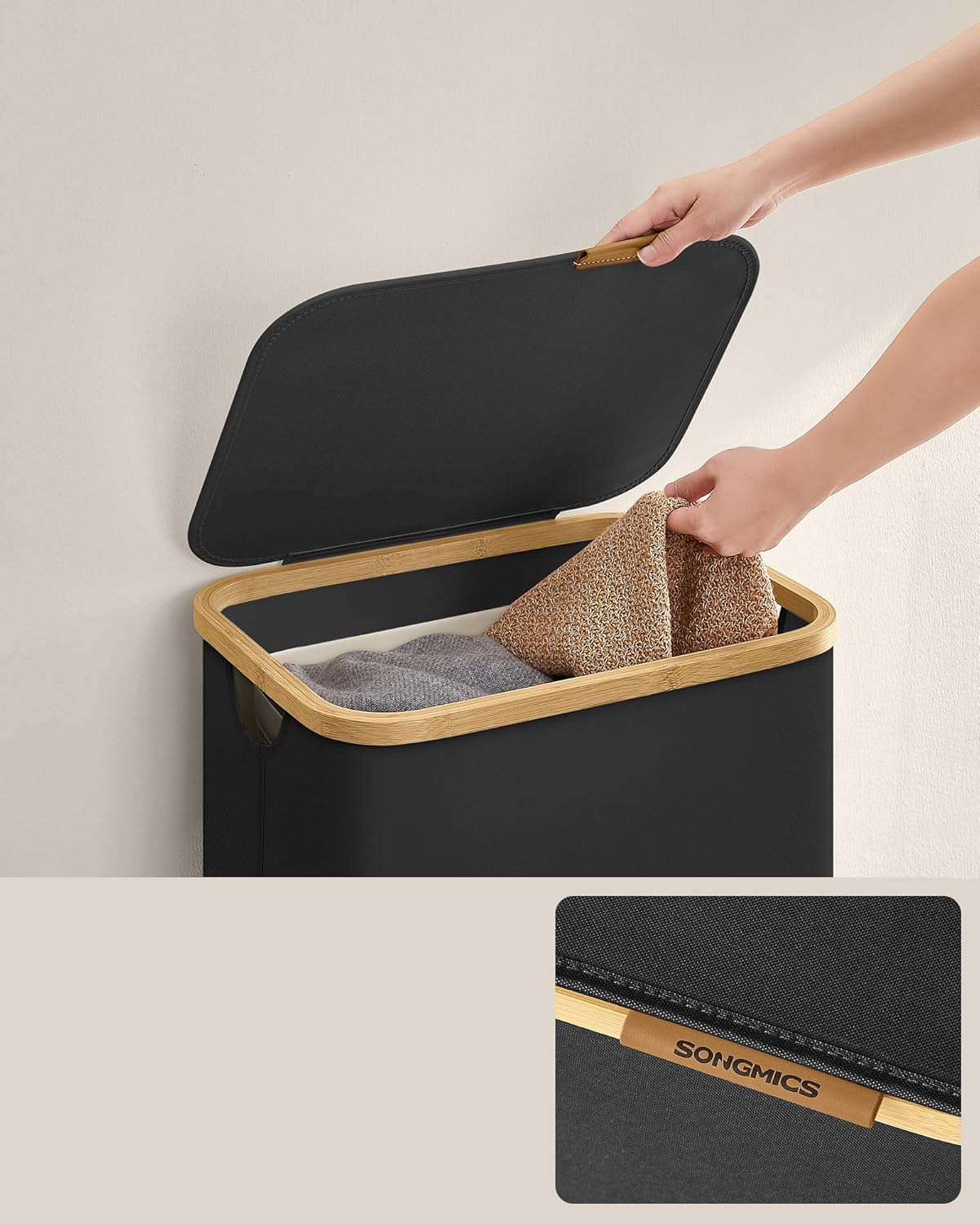 Songmics Καλάθι Απλύτων με Καπάκι και Αποσπώμενο Εσωτερικό Σάκο - 90L - Ink Black - LCB509B01