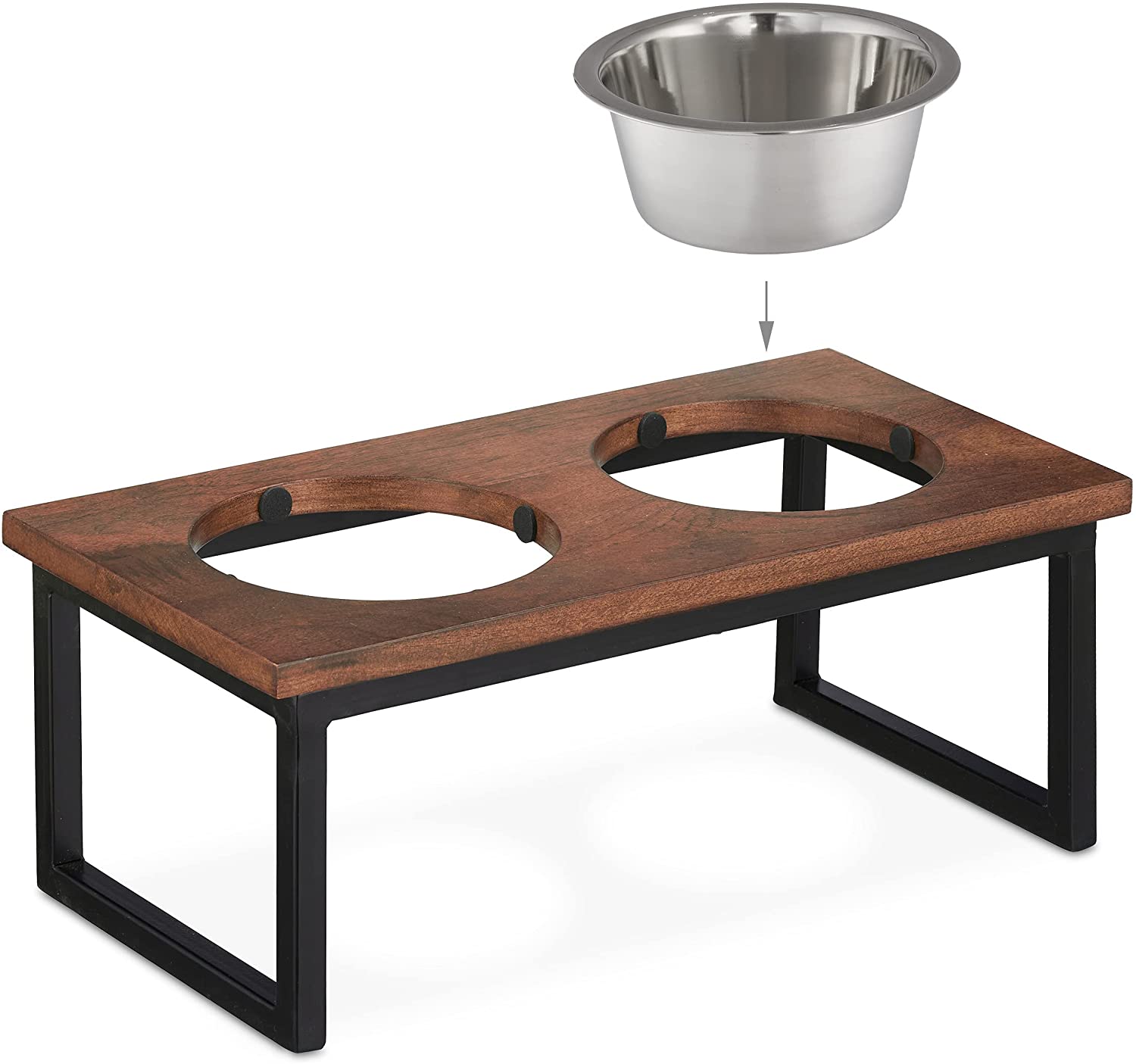 Relaxdays Ξύλινη Βάση από Μάνγκο με 2 Μπολ από Ανοξείδωτο Ατσάλι για Κατοικίδια - 1000 ml - Natural / Black - 4052025373832