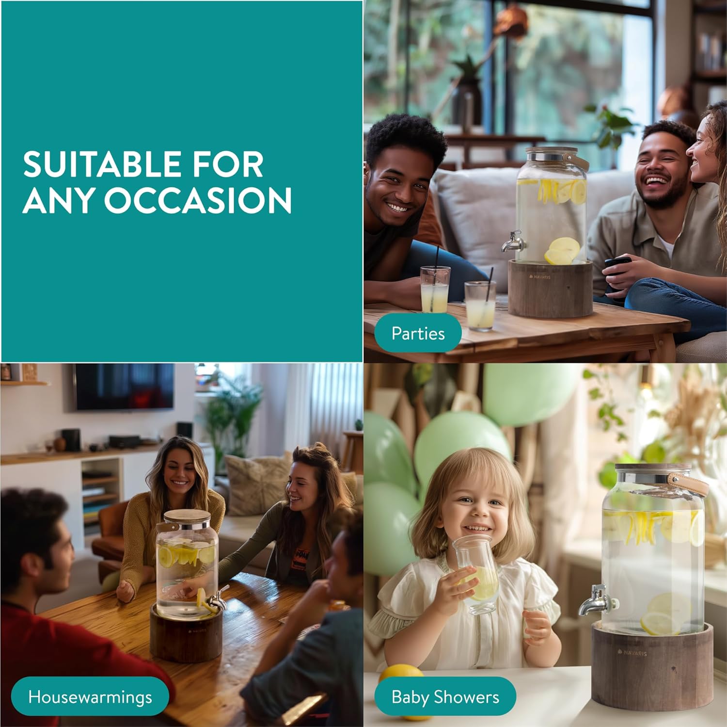 Navaris Γυάλινος Διανεμητής Ποτού με Ξύλινη Βάση και Λαβή - 5.6L - Dark Brown