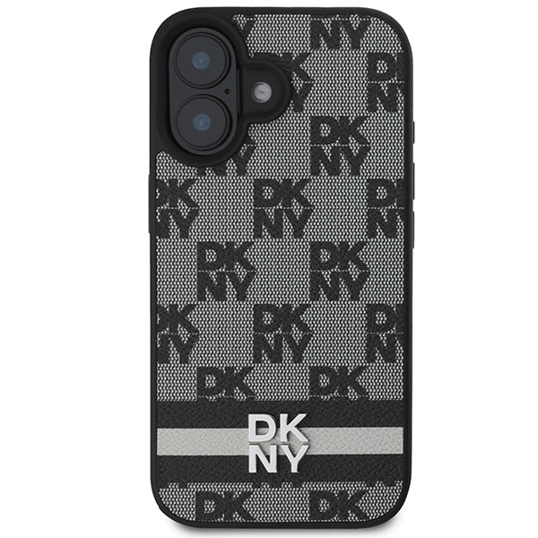 DKNY iPhone 16 - Checkered Pattern and Printed Stripes - Σκληρή Θήκη με Επένδυση Συνθετικού Δέρματος - Black