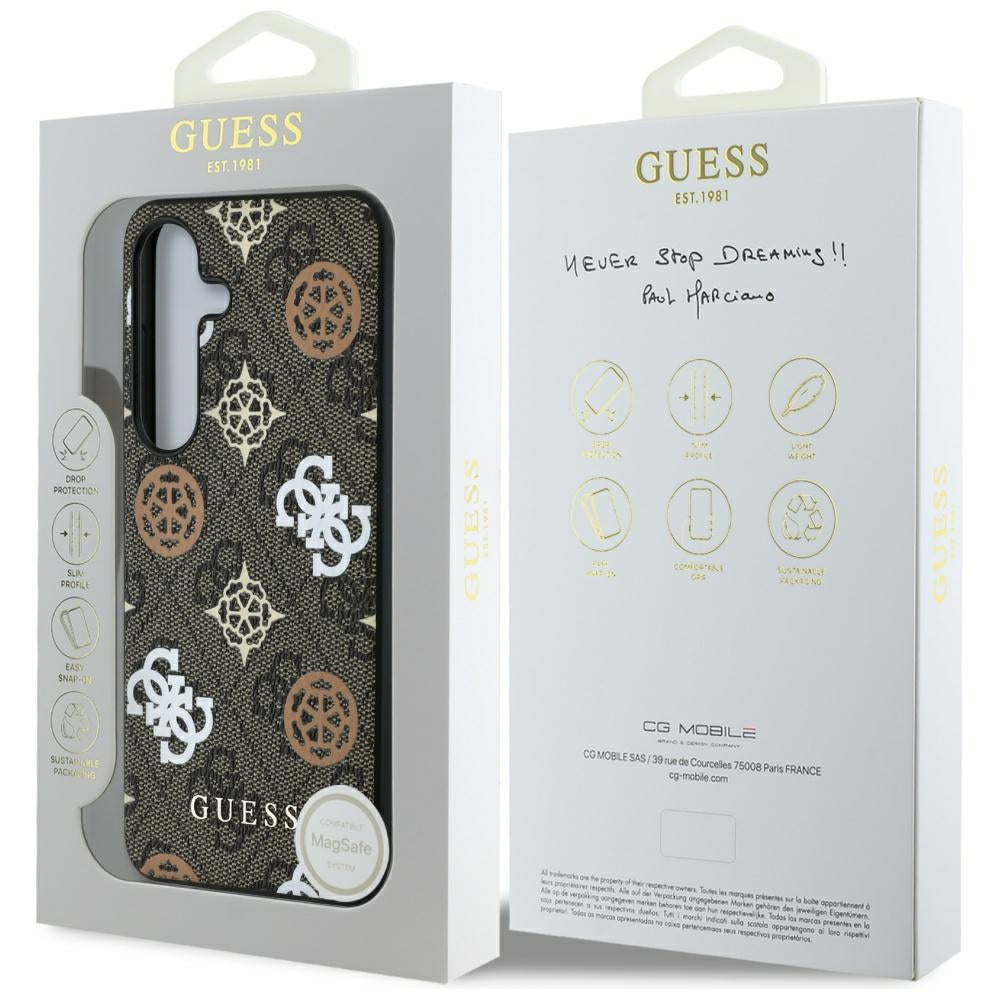 Guess Samsung Galaxy S25 - 4G Printed Colored Peony Pattern - MagSafe Θήκη με Επένδυση Συνθετικού Δέρματος - Brown - GUHMS25SP4PWPW