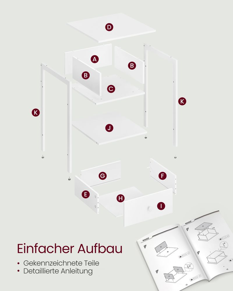 Vasagle Κομοδίνο με Συρτάρι και Μεταλλικό Σκελετό - Matte White - LET055W14