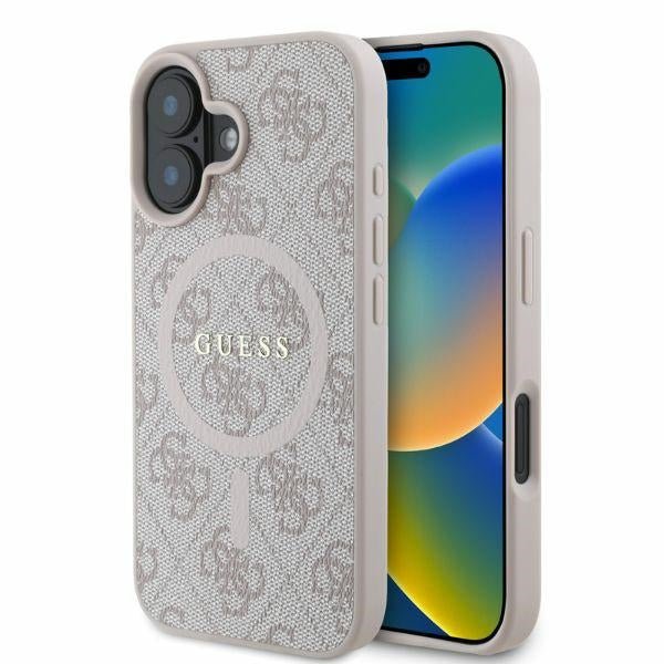 Guess iPhone 16 - 4G Ring Classic Logo - MagSafe Θήκη με Επένδυση Συνθετικού Δέρματος - Pink - GUHMP16SG4GFRP