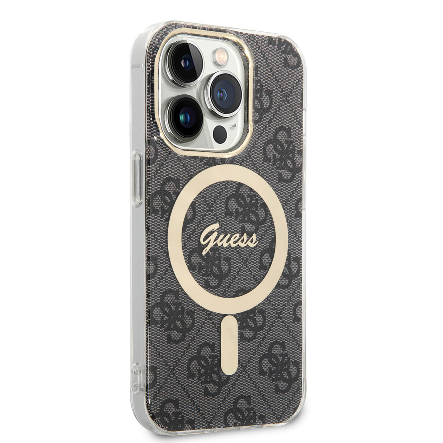 Guess iPhone 14 Pro Max - Bundle Pack MagSafe - Σετ Σκληρή Θήκη με Πλαίσιο Σιλικόνης και Ασύρματος Φορτιστής MagSafe - Design 4G and Gold - Black - GUBPP14XH4EACSK