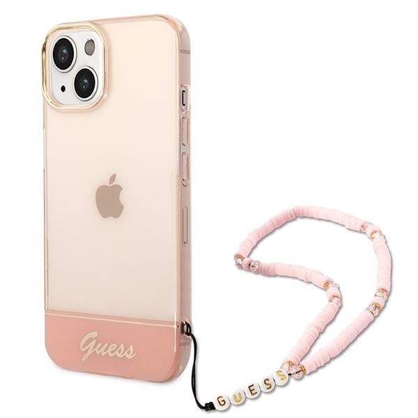 Guess iPhone 14 Pearl Strap Σκληρή Θήκη με Πλαίσιο Σιλικόνης και Λουράκι - Pink / Pearl / Semi Clear - GUHCP14SHGCOHP
