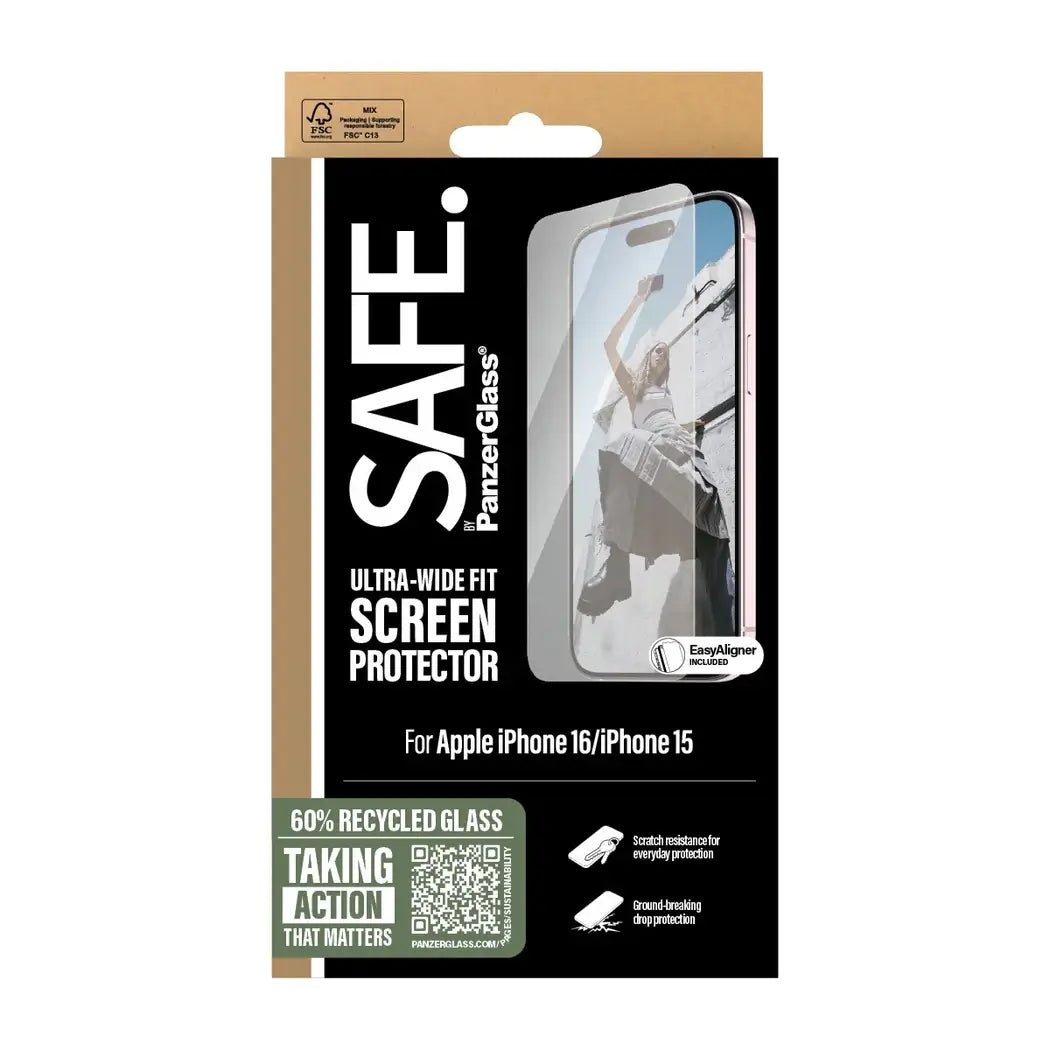 Safe by PanzerGlass iPhone 15 / iPhone 16 Ultra-Wide Fit Case Friendly Full Screen Αντιχαρακτικό Γυαλί Οθόνης - Διάφανο - SAFE95875